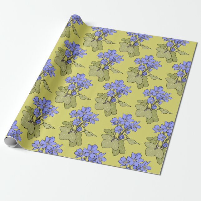 Blue Anemones on Yelllow Greenn Geschenkpapier (Ungerollt)