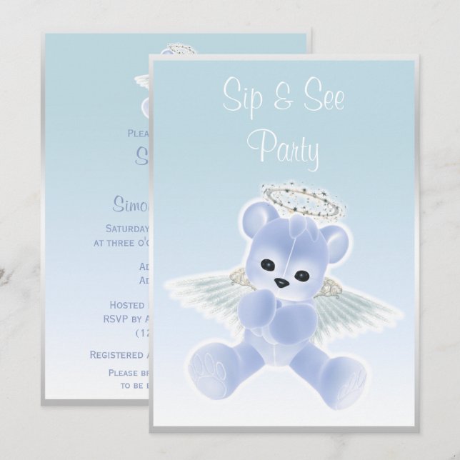 Blue Angel Teddy Bear Sip & See Einladung (Vorne/Hinten)