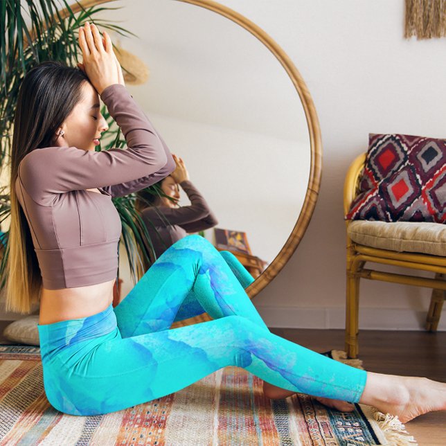 Blue Aqua Abstraktes Muster Monogram Active Leggi Leggings (Von Creator hochgeladen)
