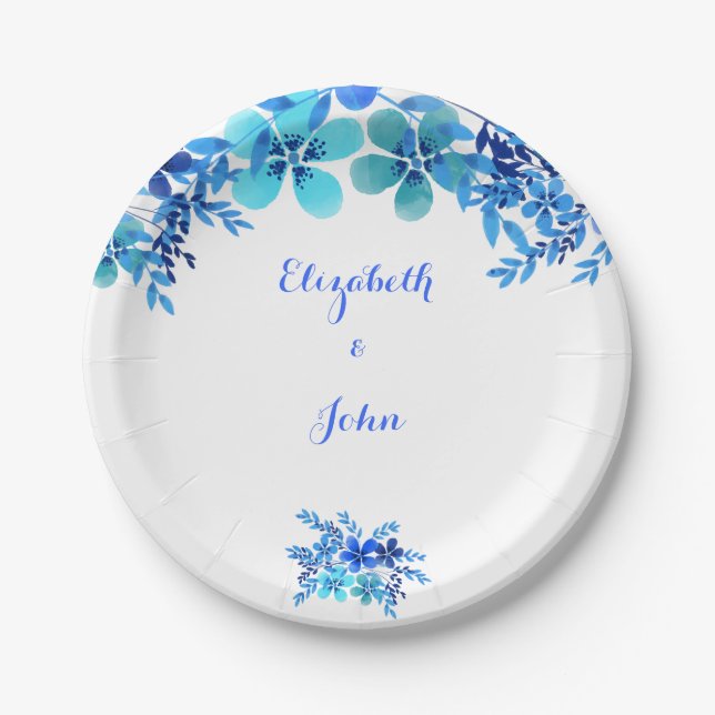Blue & Aqua Floral Watercolor Hochzeit Pappteller (Vorderseite)