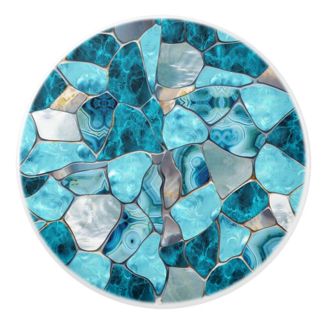 Blue aqua gemstone abstract cells keramikknauf (Vorderseite)