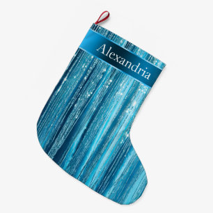 Blue Aqua Glam Glitz Weihnachtsname Großer Weihnachtsstrumpf