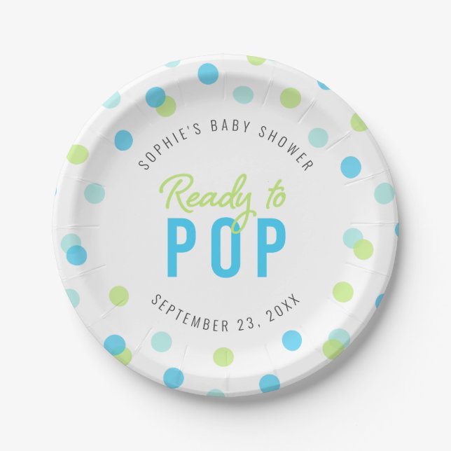 Blue Aqua Green Confetti Bereit zum Pop Babydusche Pappteller (Vorderseite)
