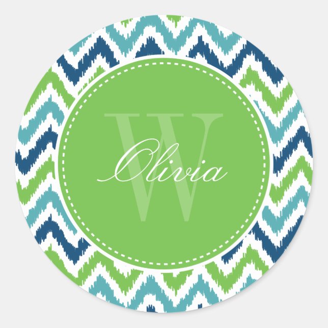 Blue Aqua Green Zigzag Ikat Muster Monogram Runder Aufkleber (Vorderseite)