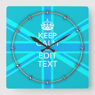 Blue Aqua Keep Calm And Your Text Union Jack Quadratische Wanduhr