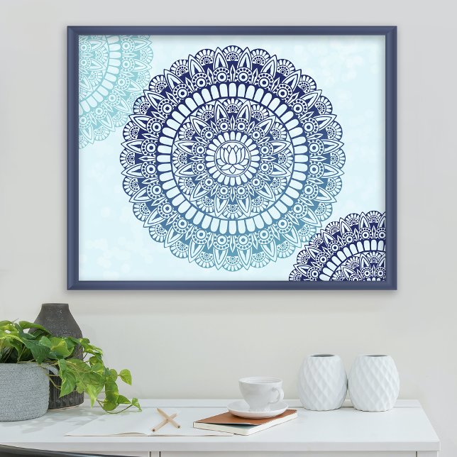 Blue Aqua Lotus Henna Mandala Print Poster (Von Creator hochgeladen)