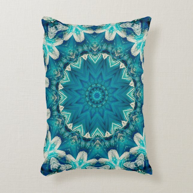 Blue Aqua Mandala Rosette Retro Hippie Dekokissen (Vorderseite(Vertikal))