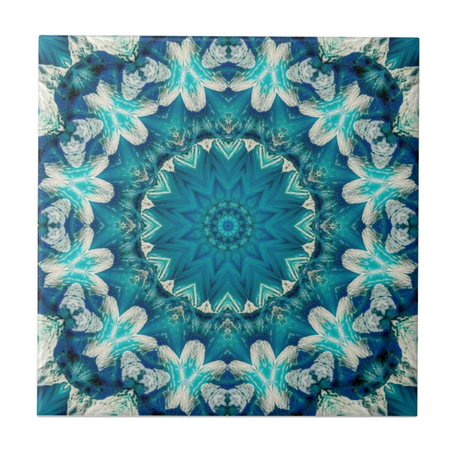 Blue Aqua Mandala Rosette Retro Hippie Fliese (Vorderseite)