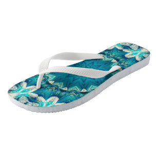 Blue Aqua Mandala Rosette Retro Hippie Flip Flops