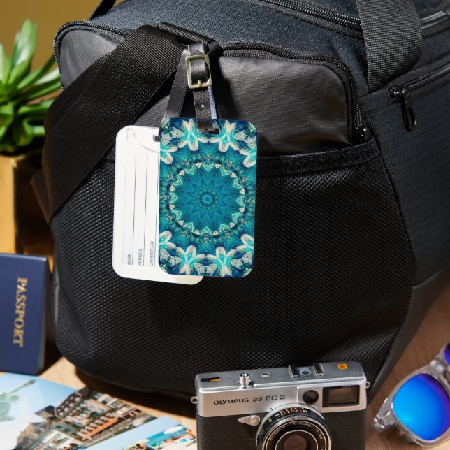 Blue Aqua Mandala Rosette Retro Hippie Gepäckanhänger (Vorderseite & Rückseite)