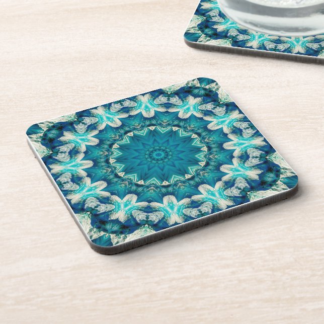 Blue Aqua Mandala Rosette Retro Hippie Getränkeuntersetzer (Linke Seite)