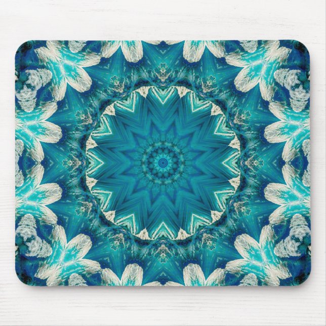 Blue Aqua Mandala Rosette Retro Hippie Mousepad (Vorne)