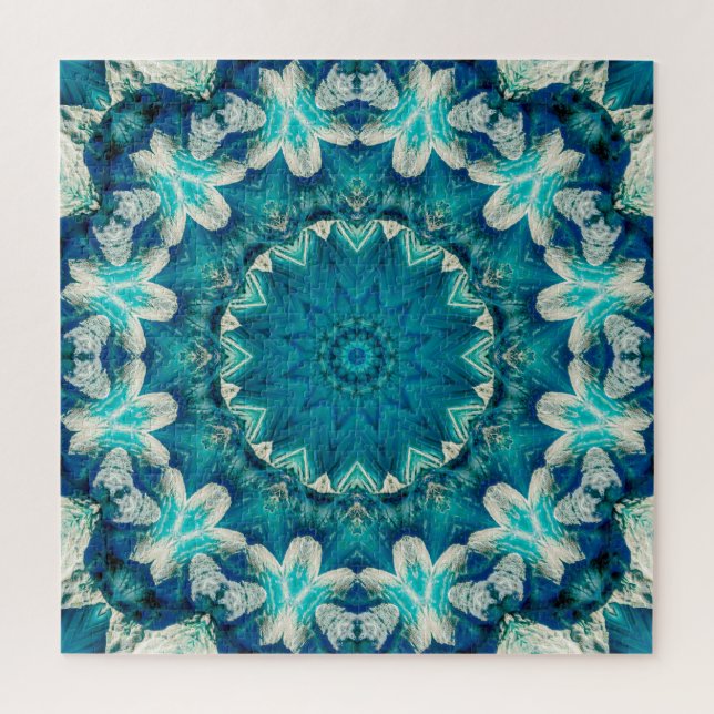 Blue Aqua Mandala Rosette Retro Hippie Puzzle (Vertikal)