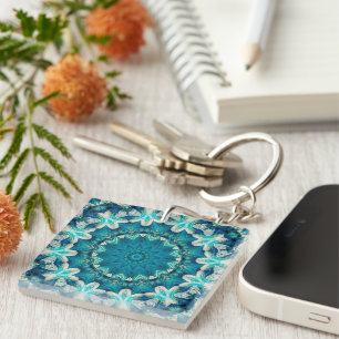 Blue Aqua Mandala Rosette Retro Hippie Schlüsselanhänger