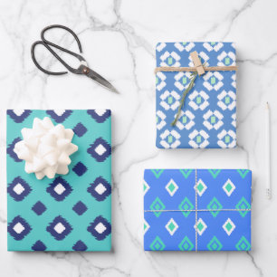 Blue, Aqua & Mint Tribal Diamond Ikat Muster Geschenkpapier Set