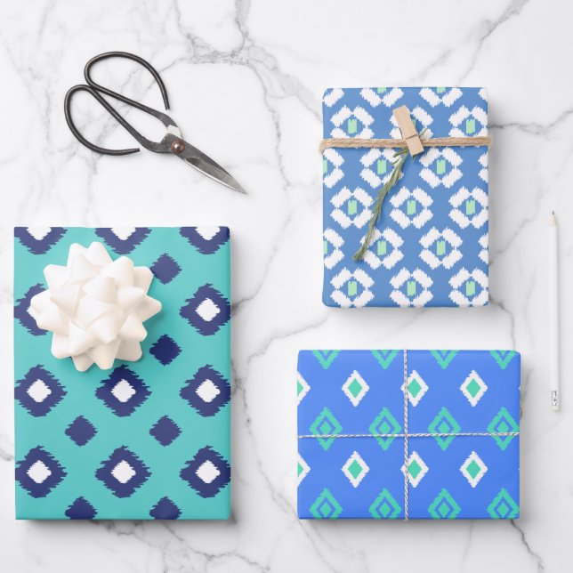 Blue, Aqua & Mint Tribal Diamond Ikat Muster Geschenkpapier Set (Vorderseite)