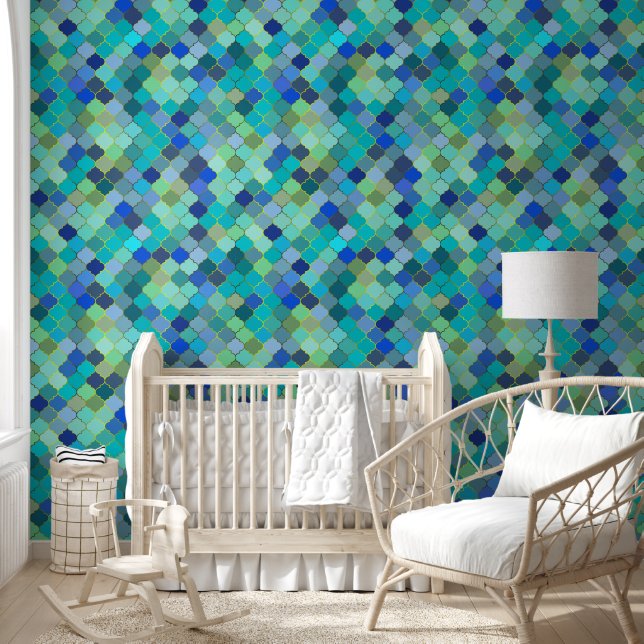 Blue Aqua Moroccan Mosaic Pattern Tapete (Kinder)