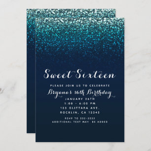Blue Aqua Navy Glitzer Sparkle Sweet 16 Party Einladung