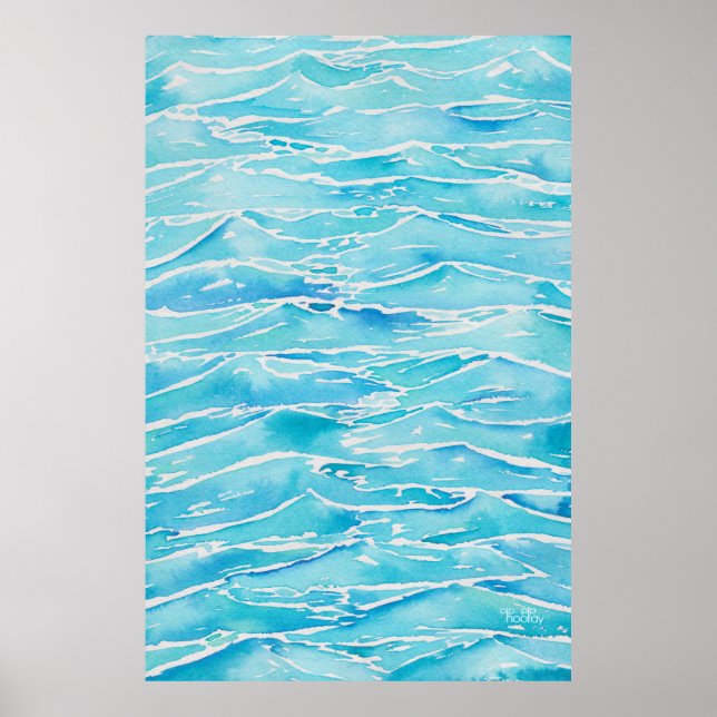Blue Aqua Ocean Sea Waves Aquarellbilder drucken Poster (Vorne)