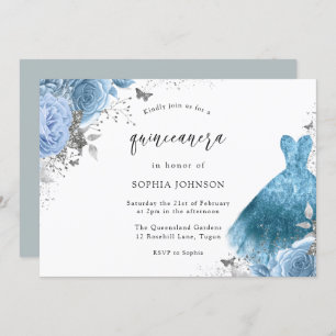Blue Aqua Silver Dress & Blume Quinceanera Einladung