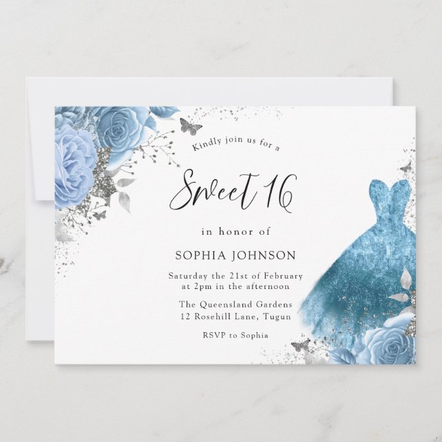 Blue Aqua Silver Dress & Blume Sweet 16 Einladung (Vorderseite)