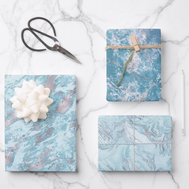 Blue Aqua Silver Marble Geschenkpapier Set (Vorderseite)