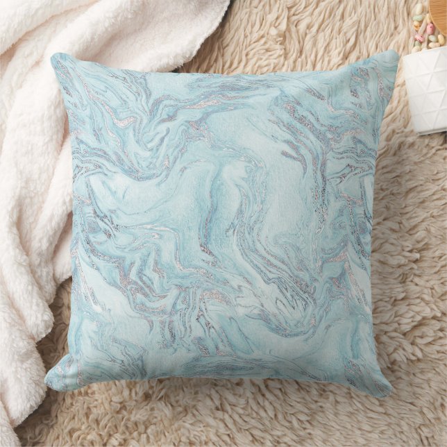 Blue Aqua Silver Marble Wirbel Kissen (Decke)