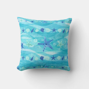 Blue Aqua Starfish Seashell Ocean Waves Küste Kissen