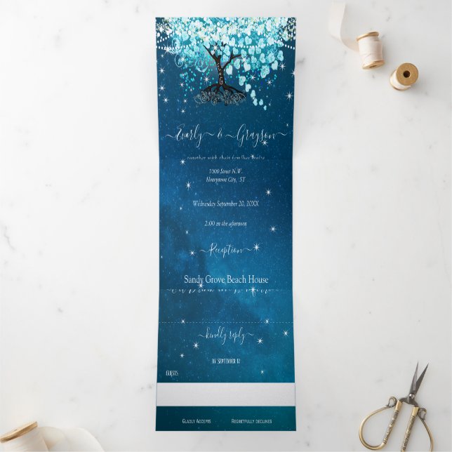 Blue Aqua Turquoise Heart Leaf Tree Wedding Dreifach Gefaltete Einladung (Innenseite)