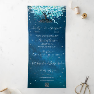 Blue Aqua Turquoise Heart Leaf Tree Wedding Dreifach Gefaltete Einladung
