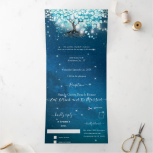 Blue Aqua Turquoise Heart Leaf Tree Wedding Tri-F Dreifach Gefaltete Einladung