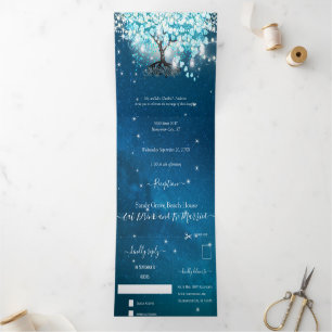 Blue Aqua Turquoise Heart Leaf Tree Wedding Tri-F Dreifach Gefaltete Einladung