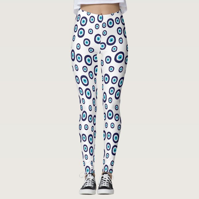 Blue Aqua White Nazar Evil Eye Circles Muster Leggings (Vorderseite)
