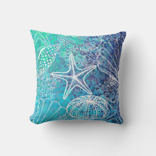 Blue Aquamarin Aqua Starfish Seashells Meereswelt  Kissen