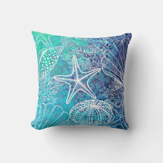 Blue Aquamarin Aqua Starfish Seashells Meereswelt  Kissen (Vorderseite)