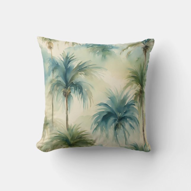 Blue Aquamarin Beige Watercolor Palms Hawaiian Bea Kissen (Vorderseite)