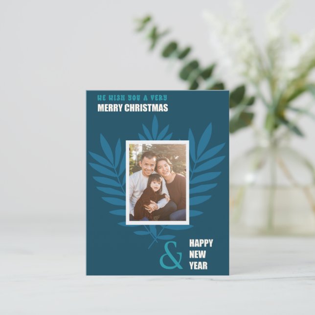 Blue Aquamarin Family Picture Frame Weihnachtsfeie Mitteilungskarte (Stehend Vorderseite)