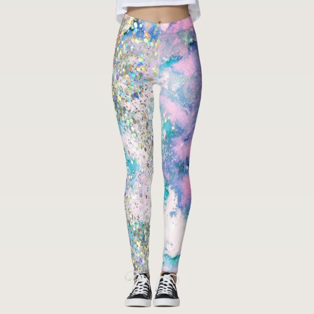 Blue Aquamarin Galaxy Holographic Glitzer Elegant  Leggings (Vorderseite)
