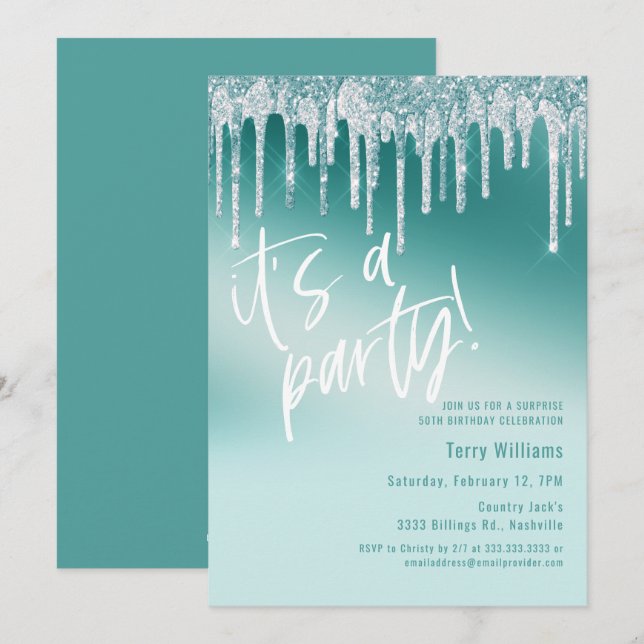 Blue Aquamarin Glitzer Überraschung 50. Geburtstag Einladung (Vorne/Hinten)