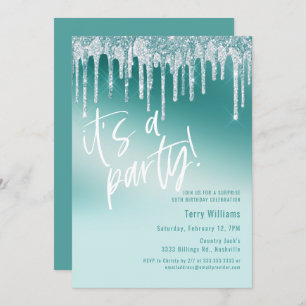 Blue Aquamarin Glitzer Überraschung 50. Geburtstag Einladung