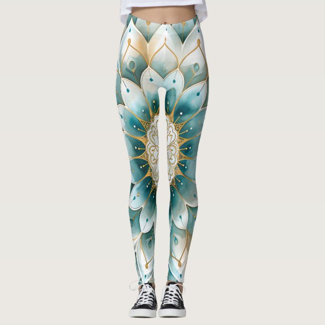 Blue Aquamarin Gold Floral Mandala Leggings (Vorderseite)
