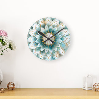Blue Aquamarin Gold Floral Mandala Runde Wanduhr
