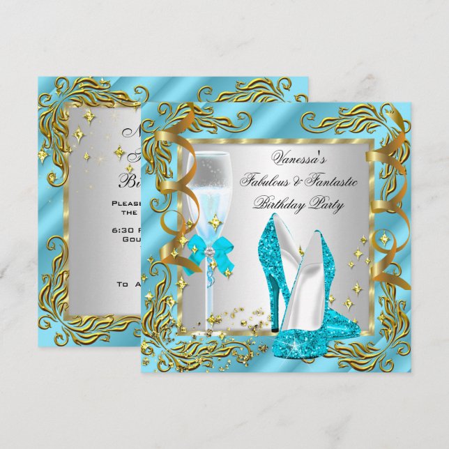 Blue Aquamarin Gold Silver Women's Birthday Party Einladung (Vorne/Hinten)
