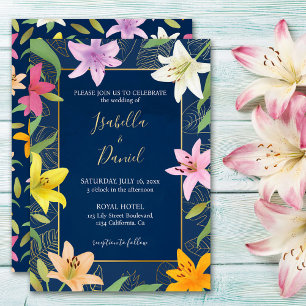 Blue Aquamarin & Gold Tropical Lily Wedding Einlad Einladung