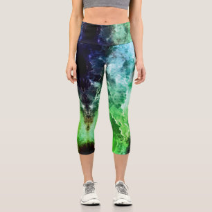 Blue Aquamarin Green Fraktal Stormy Clouds Capri Leggings
