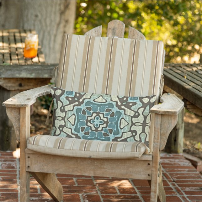 Blue Aquamarin Green Gray Taupe Brown Orientalisch Kissen Für Draußen (Stuhl )