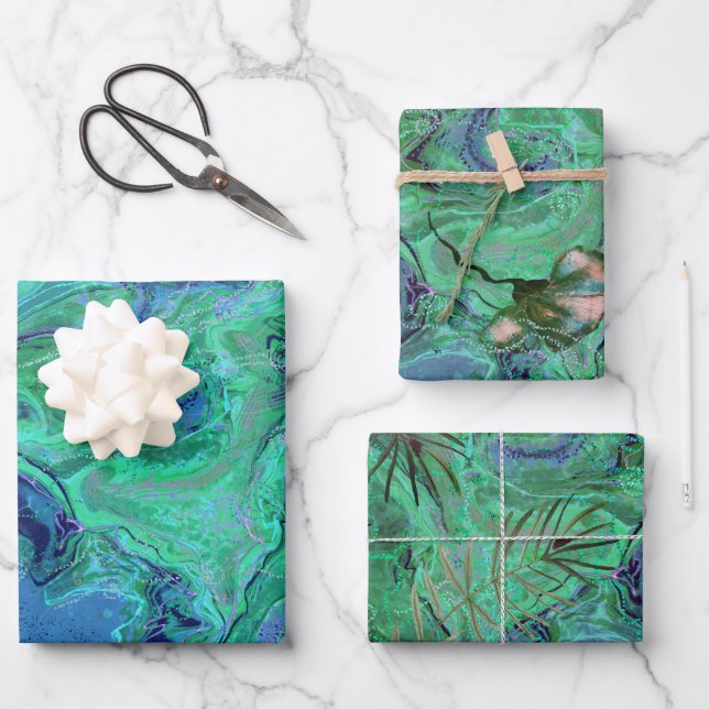 Blue Aquamarin Green Modern Fluid Art Geschenkpapier Set (Vorderseite)