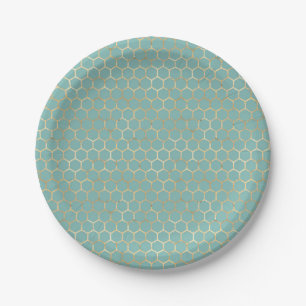 Blue Aquamarin Honeycomb Gold Glitzer Geburtstag Pappteller