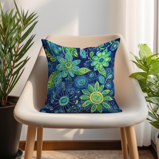 Blue Aquamarin Lime Green Bohemisch Blume Kissen (Blue Teal Lime Green Bohemian Floral Throw Pillow)