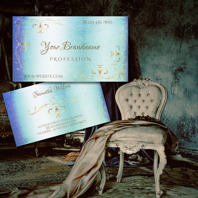 Blue Aquamarin Marble Gold Verziert Corners Orname Visitenkarte (Von Creator hochgeladen)